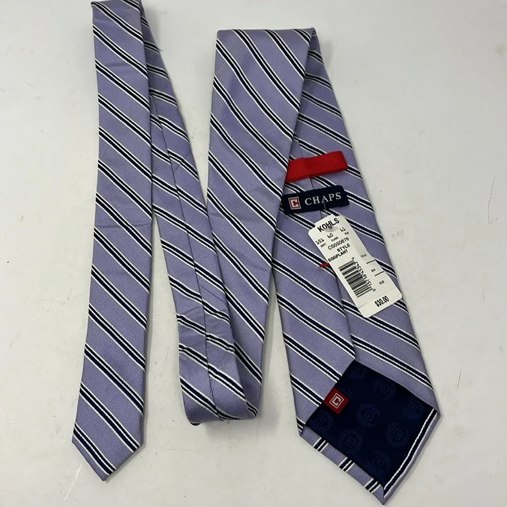 CHAPS 100% SILK PURPLE AND NAVY STRIPED TIE NWT